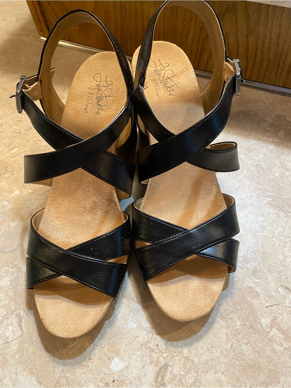 Life Stride Black Crisscross Slingback Wedge Sandals